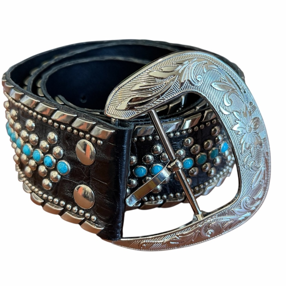 Vintage Kippys Western Belt Turquoise Studded Black Leather Silver Buckle